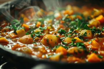 Wall Mural - A wok filled with lots of food cooking on top of a stove. Ideal for food and cooking related designs.