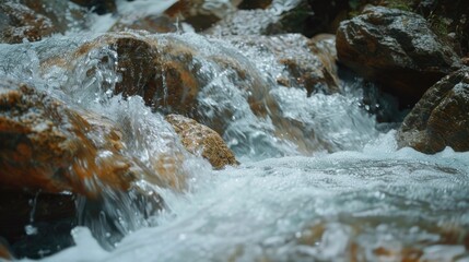Poster - Close up view of a stream with rocks in the background. Suitable for nature and landscape themes.