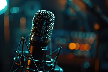 Poster - A microphone in a recording studio, ideal for music production projects.