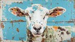 Close-up portrait of a sheep painted on a wall in graffiti style. A domestic animal is looking at something. Illustration for cover, card, poster, brochure or presentation.