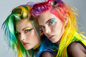 Wall Mural - Portrait of two beautiful girl with rainbow neon asymmetric hair style on gray background.