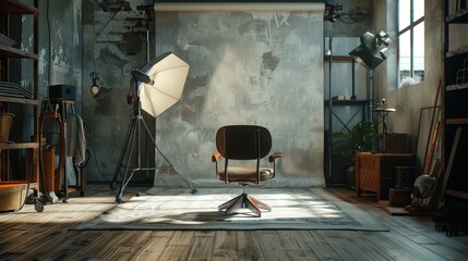 Poster - A simple room with a chair and a light source, suitable for various concepts.
