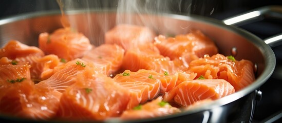 Wall Mural - A staple food dish of seafood cuisine is being prepared on the stove a pan of salmon sizzling to perfection