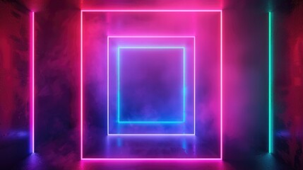 Poster - A neon frame glowing in a dark room. Ideal for futuristic design projects.