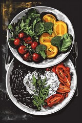 Poster - A simple table setting with two plates of food. Perfect for food bloggers or restaurant websites.