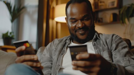Aufkleber - A man sitting on a couch while holding a smartphone. Suitable for technology and lifestyle concepts.