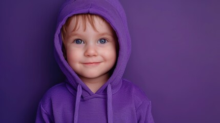 Poster - A small child wearing a purple hoodie. Suitable for children's fashion or casual wear concepts.