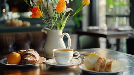Poster - A cup of coffee and a plate of food on a table, suitable for restaurant or cafe concept.