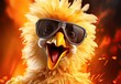 Chicken in glasses close-up. Portrait of a chicken. Anthopomorphic creature. Fictional character for advertising and marketing. Humorous character for graphic design.