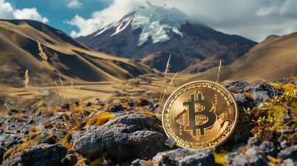 Ecuadorian themed Bitcoin wallpaper of a Bitcoin in Ecuador with a snowcapped mountain in the distance