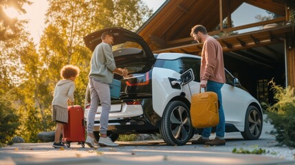 Wall Mural - A family is loading luggage into the rear of their vehicle for a leisurely travel, surrounded by trees and plants. AIG41