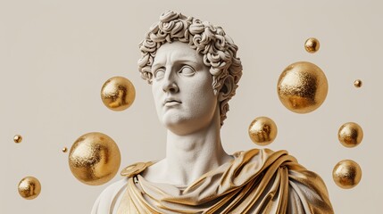 Wall Mural - Artistic composition with floating balls and sculpted male head in antique (Greek, Roman) style. Beauty in stone. Illustration for cover, postcard, greeting card, interior design, etc.