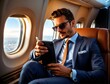 © Hq Visual Studio - Portrait of young handsome businessman sitting in first class private plane and holding tablet, phone, business class travel concept,