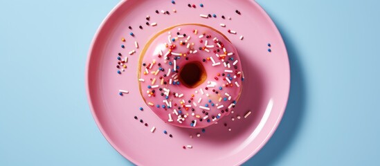 Wall Mural - A closeup of a pink donut with sprinkles placed on a pink plate against a serene blue background. The circular shape of the donut contrasts beautifully with the vibrant magenta hues in the image