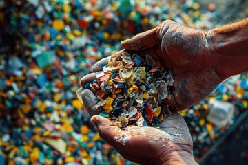 Poster - A person holding a handful of garbage. Suitable for environmental awareness campaigns.
