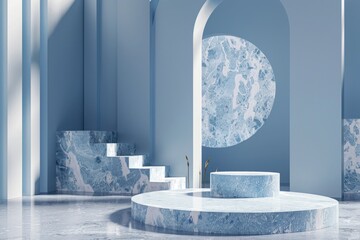 Poster - A room with blue walls and a white pedestal. Perfect for interior design projects.