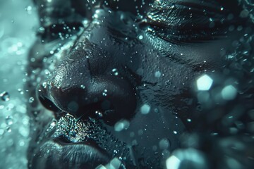 Poster - Close up of a person's face submerged in water. Ideal for medical, spa, or relaxation concepts.