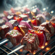 Image: A skewer of juicy, marinated cubes of beef, grilled to perfection, with chunks of red onion and bell pepper in between the meat.
