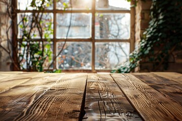 Poster - A simple wooden table with a window in the background. Suitable for home decor or interior design projects.