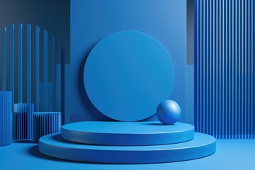 Aufkleber - A blue round object placed on a blue platform. Suitable for various design projects.