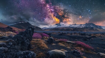 Poster - A stunning view of the night sky with the Milky Way in the background. Ideal for astronomy enthusiasts and nature lovers.