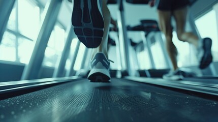 Poster - Close up of a person running on a treadmill, suitable for fitness and exercise concepts.