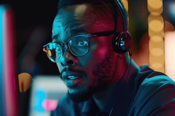 Poster - A man wearing headphones and glasses while working on a computer. Suitable for technology concepts.