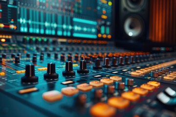 Poster - Detailed image of sound board knobs, ideal for music industry projects.