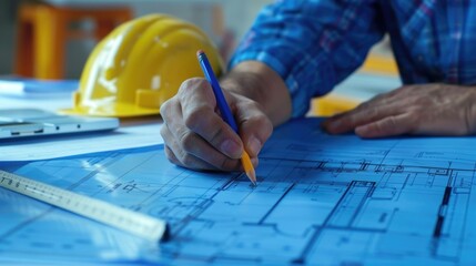 Poster - Close up of a person writing on a blueprint. Ideal for architectural, construction, and engineering concepts.