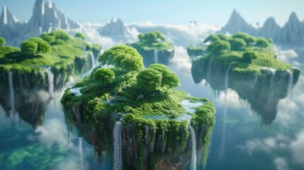 Poster - A group of small islands floating in the air. Suitable for fantasy and surreal concepts.