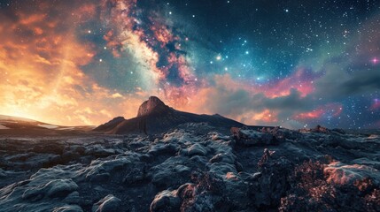 Aufkleber - A stunning view of a mountain with a galaxy in the background. Perfect for space and nature enthusiasts.