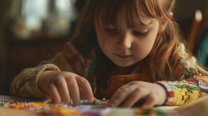 Sticker - Young girl sitting at table playing with puzzle. Suitable for educational concepts.