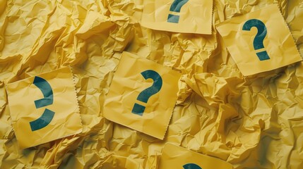 Aufkleber - Stack of yellow paper with question marks, suitable for business or education concepts.