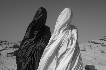 Aufkleber - Two women in black and white standing in the desert. Suitable for travel and adventure concepts.