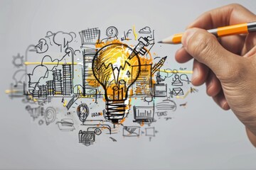 Aufkleber - Hand holding a pencil drawing a light bulb. Suitable for creative and innovation concepts.