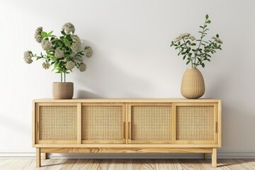 Poster - A wooden cabinet with two vases on top, suitable for interior design projects.