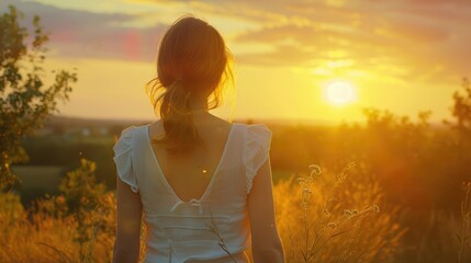 A woman standing in a beautiful field at sunset. Suitable for nature and relaxation concepts.