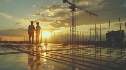 Poster - Couple standing on unfinished building. Suitable for construction industry concepts.