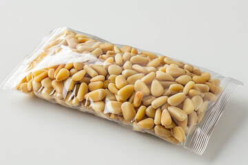 Pine nuts in vacuum packaging on a white table.