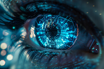 Macro of an eye with a futuristic blue digital pattern overlay