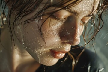 Poster - A close up of a woman's face submerged in water. Suitable for health and beauty concepts.