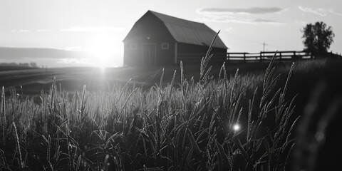 Poster - Black and white photo of a barn in a peaceful field. Suitable for rustic and countryside themes.