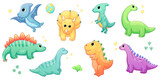 Fototapeta Pokój dzieciecy - Illustrations of cute dinosaurs for children in different colors: Triceratops, Stegosaurus, Brontosaurus, Pterosaurus, Tyrannosaurus, Brachiosaurus. 