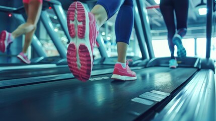 Poster - Close up of a person running on a treadmill. Suitable for fitness and exercise concepts.