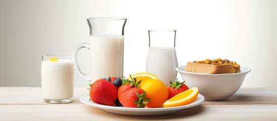 Poster - A combination of food items including a plate of fruit, a pitcher of milk, and a bowl of cereal are placed on a table with dishware and drinkware