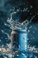 Aufkleber - Refreshing soda can with water splash, perfect for beverage advertisements.