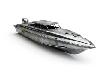 Poster - A metal model of a boat on a plain white background. Perfect for nautical themes and travel concepts.