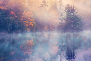 Wall Mural - A serene lakeside scene with mist rising from the water, reflecting the colors of dawn