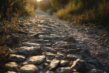 Poster - A scenic view of a dirt road surrounded by grass and rocks. Ideal for nature and countryside concepts.
