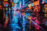 Fototapeta Nowy Jork - A rain-soaked city street, neon signs casting colorful reflections on the pavement.